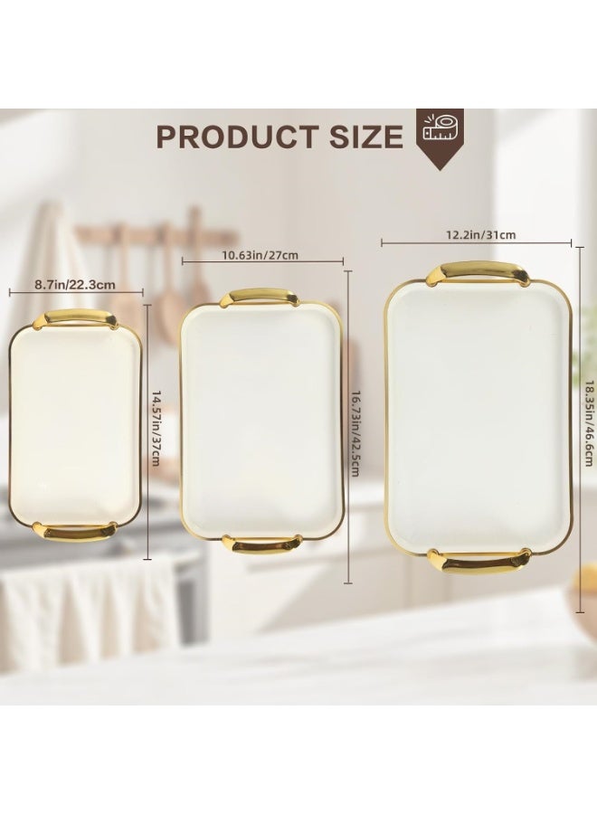 3 Rectangular Serving Tray with Handles Set of  Large Serving Platters 14.5/16.7/18.3 Inch White Plates for Dinner, Party, Entertaining, Cream Gold - Image 3